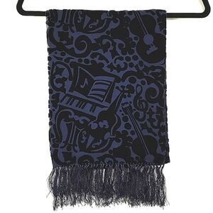ZazouLuxe Silk Blend Navy Blue Sheer Velvet Flocked Music Inspired Fringed Scarf